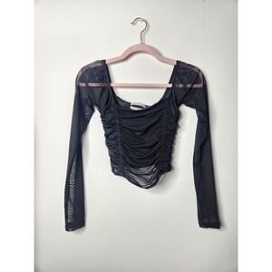 Urban Outfitters Black‎ Mesh Ruched Long Sleeve Square Neck Crop Top